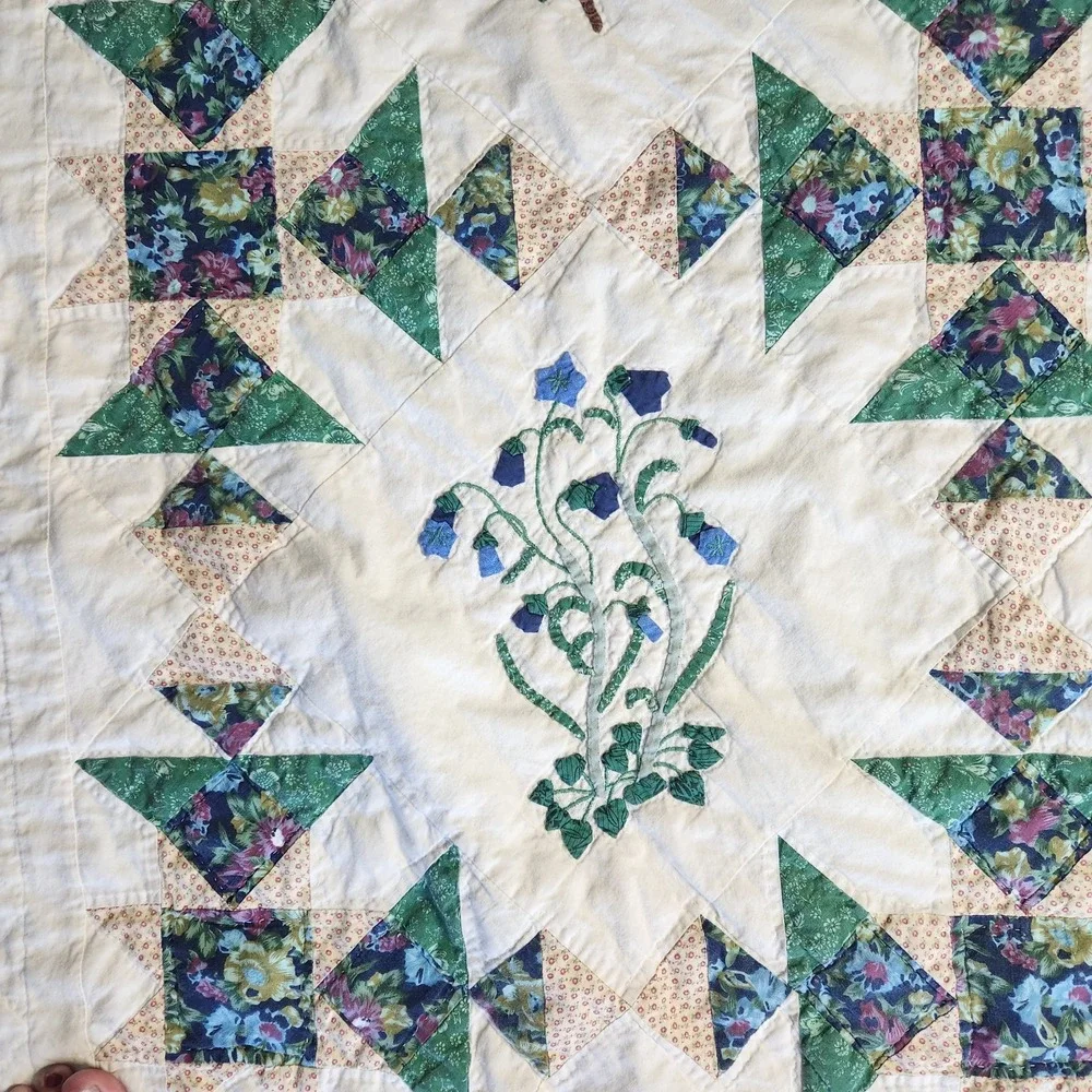 Vtg LL Bean Freeport Maine Botanical Block Applique Patchwork Quilt 62 X 80